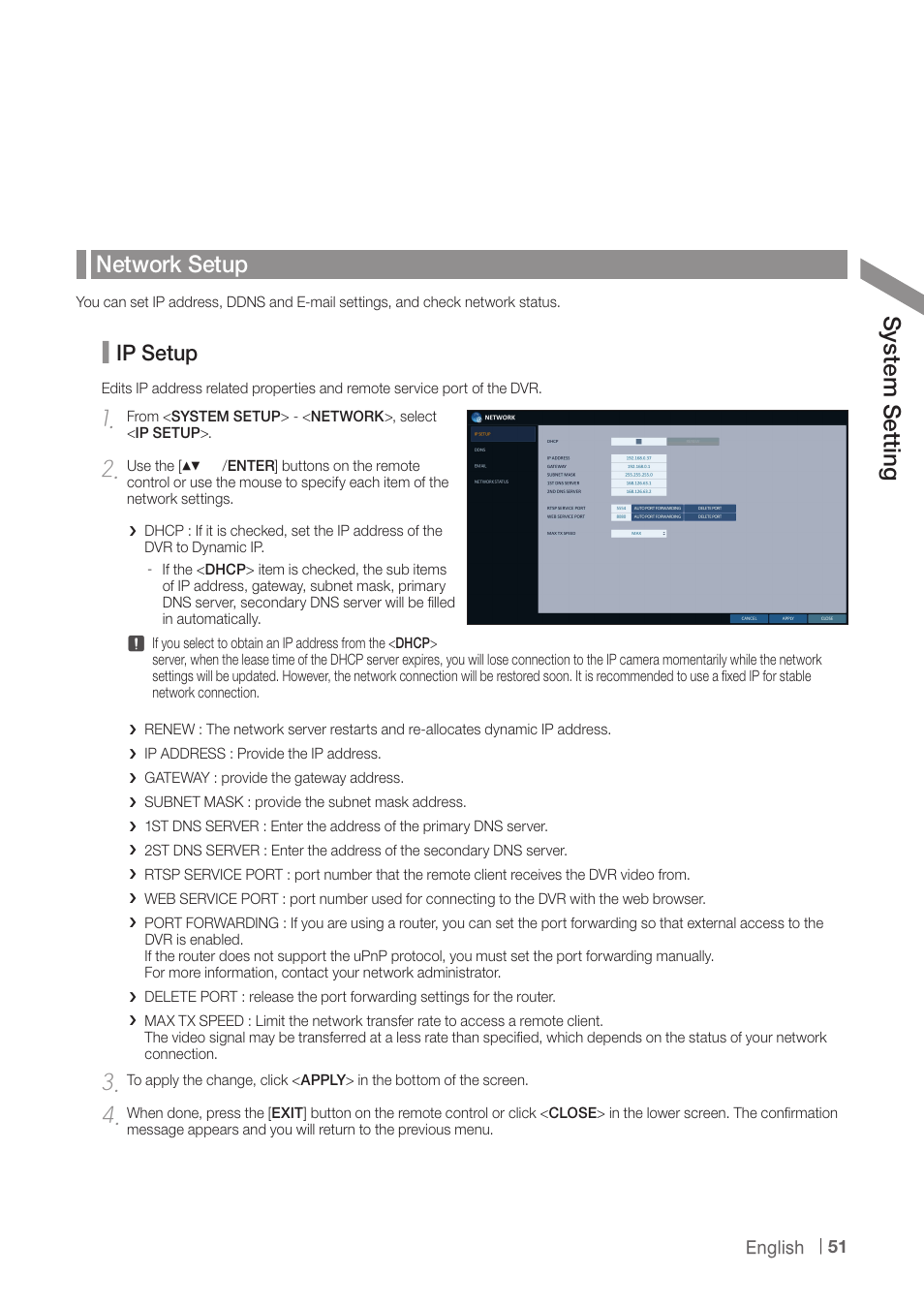 Network setup, Sy ste m s ett ing, Ip setup | CCTV Camera Pros iDVR-PRO H Series DVRs User Manual | Page 51 / 150