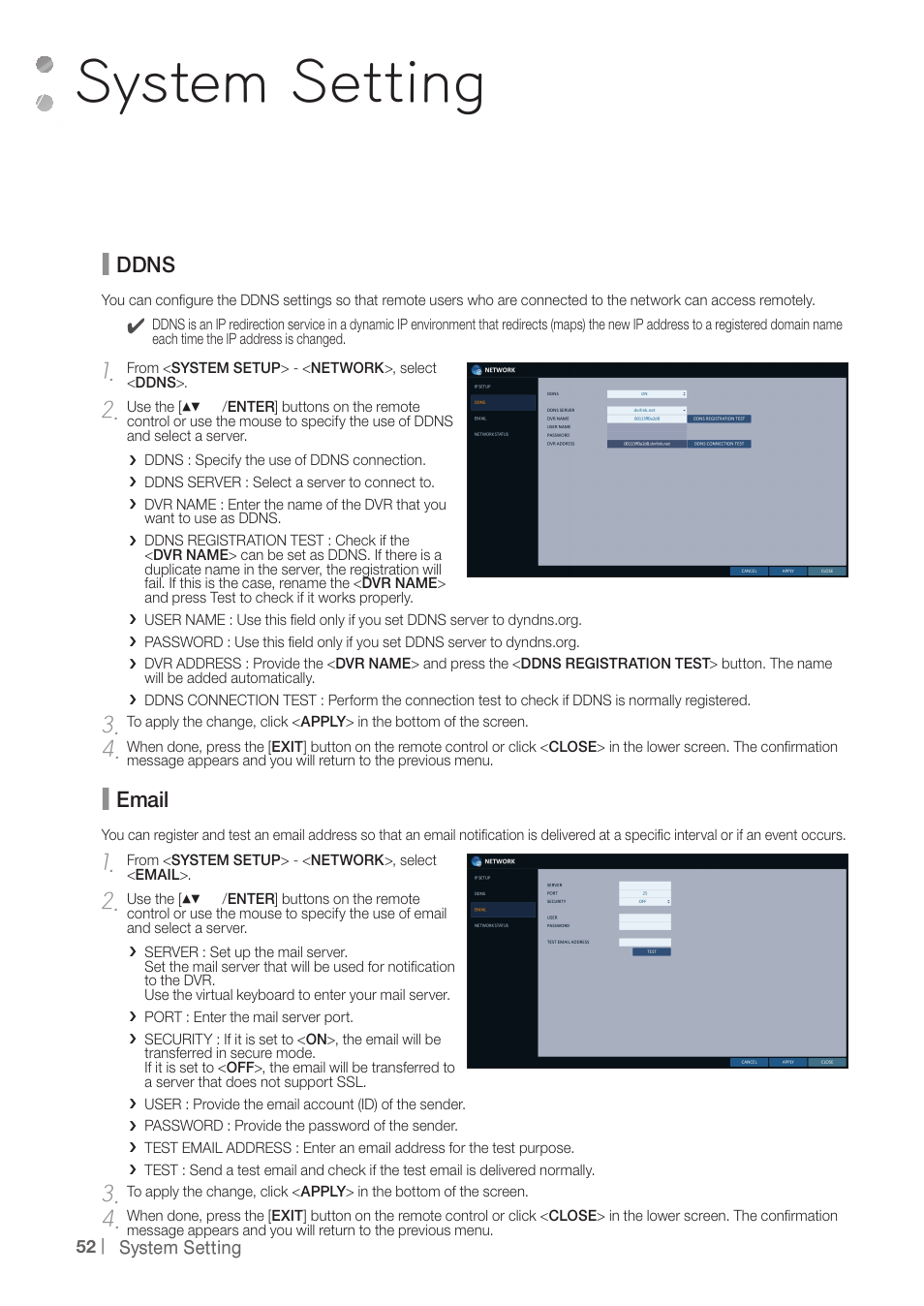 System setting, Ddns, Email | CCTV Camera Pros iDVR-PRO H Series DVRs User Manual | Page 52 / 150