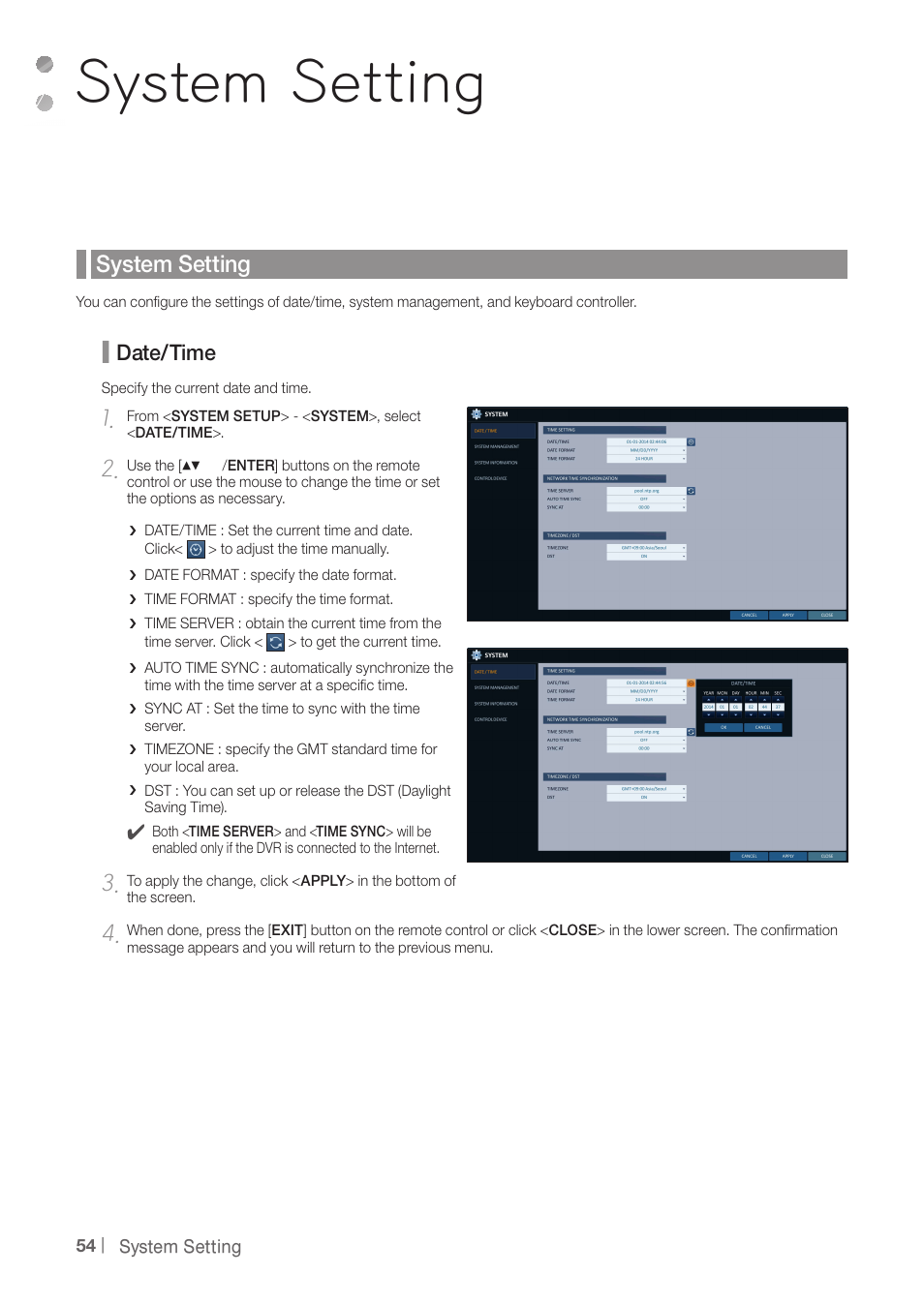 System setting, Date/time | CCTV Camera Pros iDVR-PRO H Series DVRs User Manual | Page 54 / 150