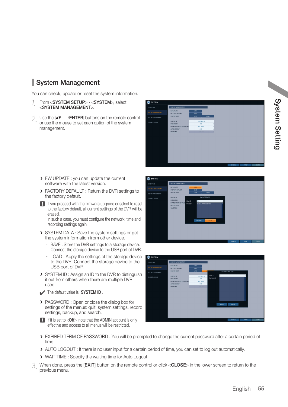 Sy ste m s ett ing, System management | CCTV Camera Pros iDVR-PRO H Series DVRs User Manual | Page 55 / 150