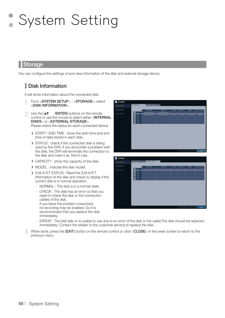 System setting, Storage, Disk information | CCTV Camera Pros iDVR-PRO H Series DVRs User Manual | Page 58 / 150