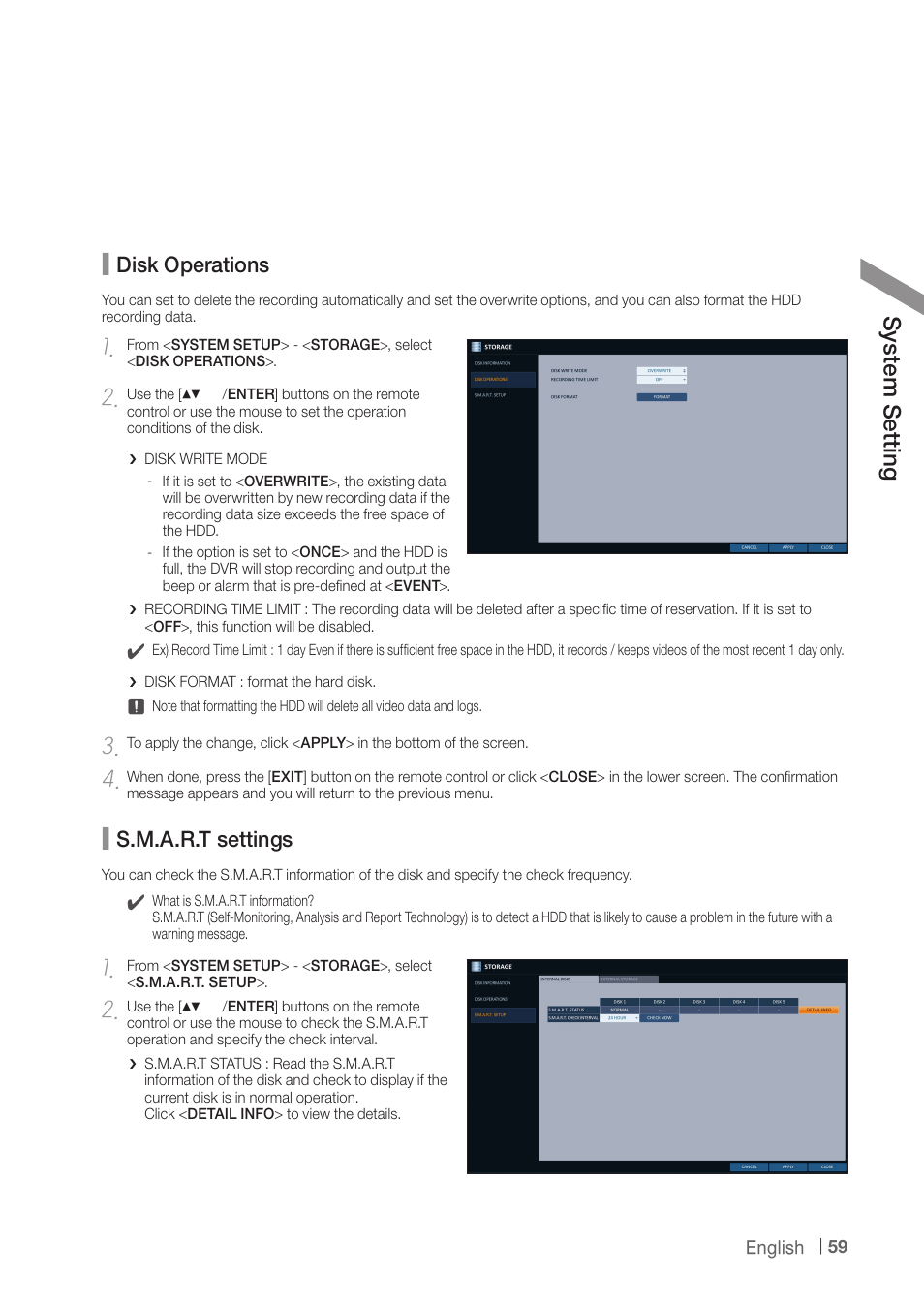 Sy ste m s ett ing, Disk operations, S.m.a.r.t settings | CCTV Camera Pros iDVR-PRO H Series DVRs User Manual | Page 59 / 150