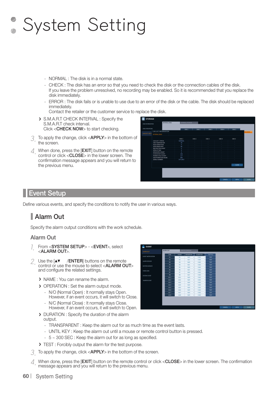 System setting, Event setup, Alarm out | CCTV Camera Pros iDVR-PRO H Series DVRs User Manual | Page 60 / 150