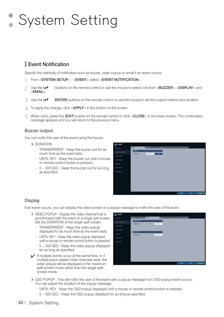 System setting, Event notiﬁcation | CCTV Camera Pros iDVR-PRO H Series DVRs User Manual | Page 62 / 150