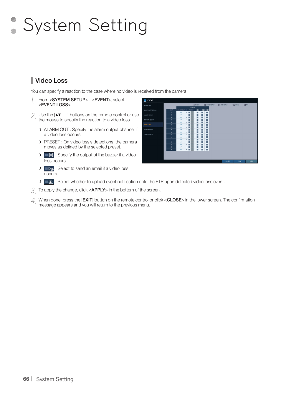 System setting, Video loss | CCTV Camera Pros iDVR-PRO H Series DVRs User Manual | Page 66 / 150