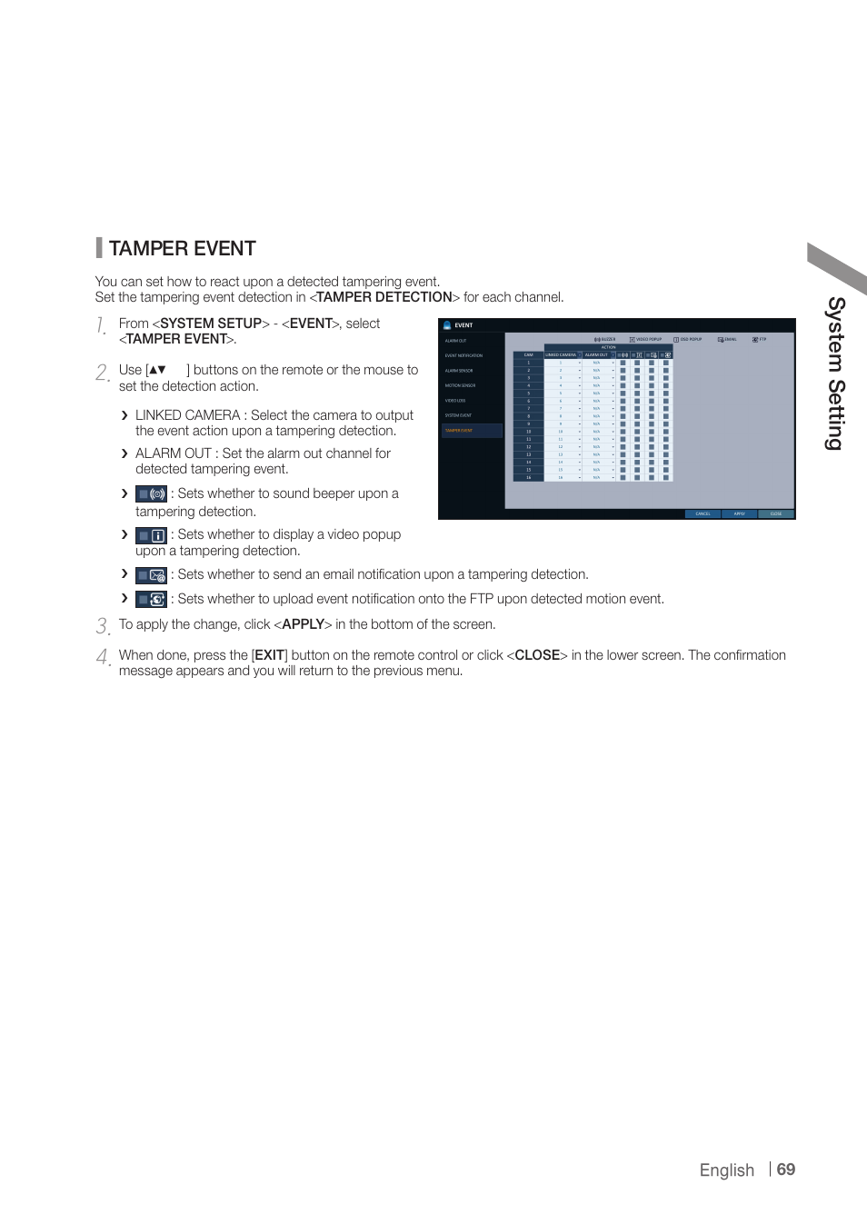 Sy ste m s ett ing, Tamper event | CCTV Camera Pros iDVR-PRO H Series DVRs User Manual | Page 69 / 150