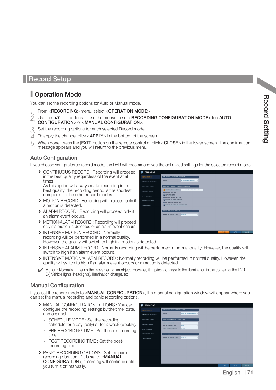 Record setup, Re co rd s ett ing, Operation mode | CCTV Camera Pros iDVR-PRO H Series DVRs User Manual | Page 71 / 150