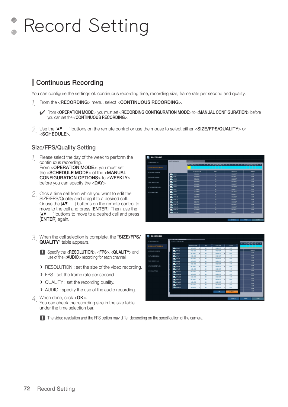 Record setting, Continuous recording | CCTV Camera Pros iDVR-PRO H Series DVRs User Manual | Page 72 / 150