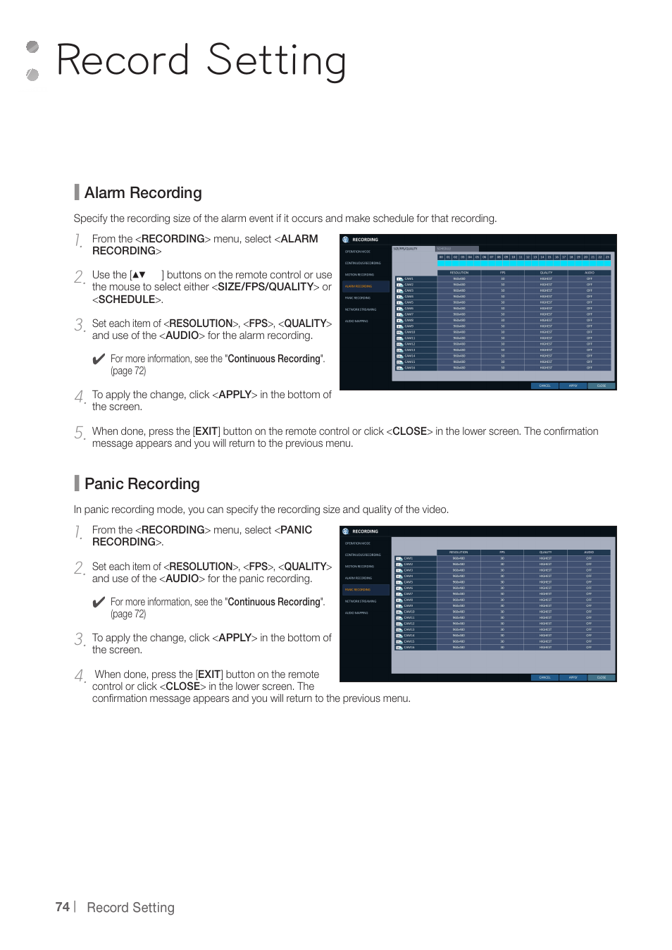 Record setting | CCTV Camera Pros iDVR-PRO H Series DVRs User Manual | Page 74 / 150