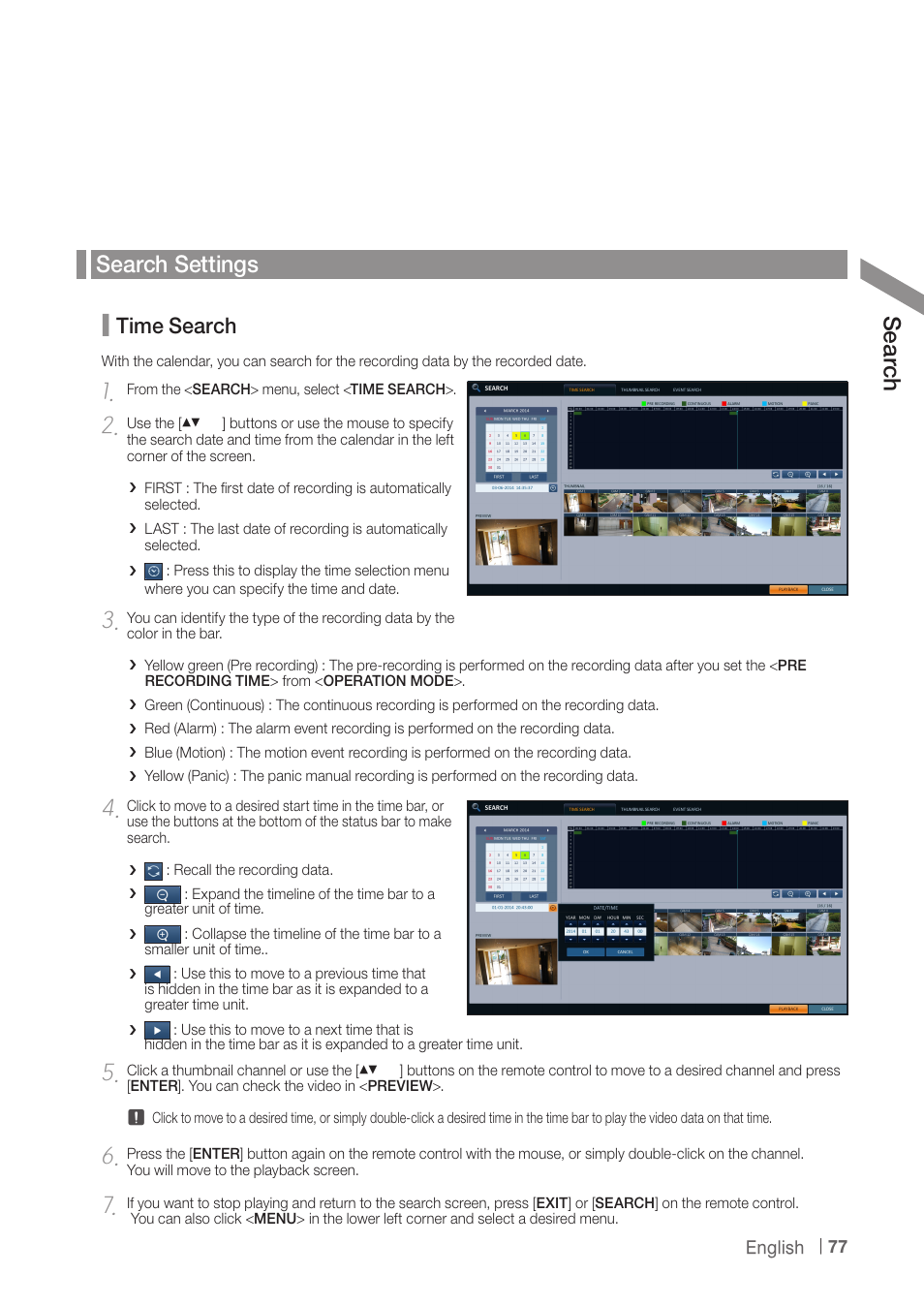 Search settings, Se arc h, Time search | CCTV Camera Pros iDVR-PRO H Series DVRs User Manual | Page 77 / 150
