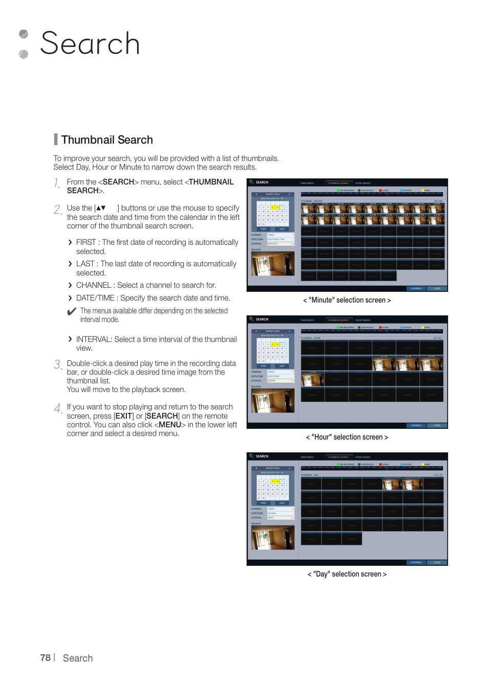 Search, Thumbnail search | CCTV Camera Pros iDVR-PRO H Series DVRs User Manual | Page 78 / 150