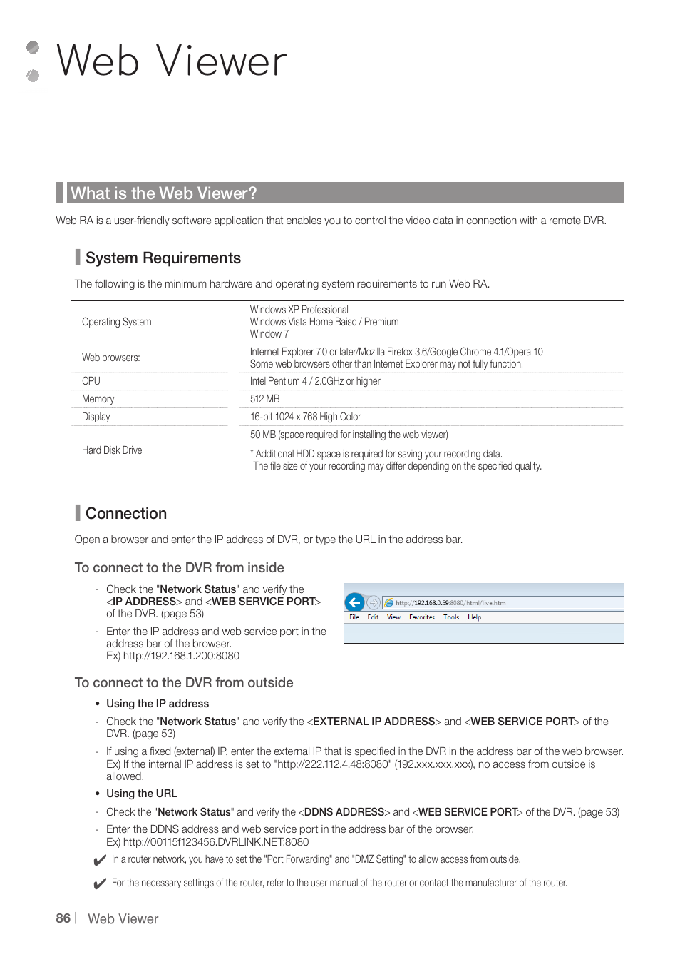 Web viewer, What is the web viewer, System requirements | Connection | CCTV Camera Pros iDVR-PRO H Series DVRs User Manual | Page 86 / 150