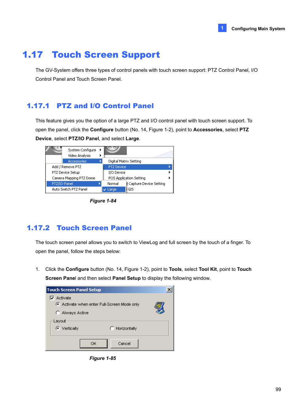 17 touch screen support, 1 ptz and i/o control panel, 2 touch screen panel | 17 touch, Screen support | CCTV Camera Pros Geovision 8.5 Multicam Digital Surveillance System User Manual | Page 117 / 664