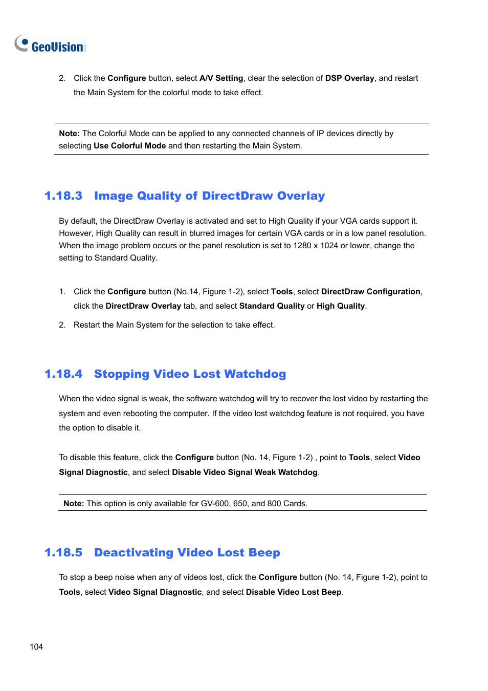 3 image quality of directdraw overlay, 4 stopping video lost watchdog, 5 deactivating video lost beep | CCTV Camera Pros Geovision 8.5 Multicam Digital Surveillance System User Manual | Page 122 / 664