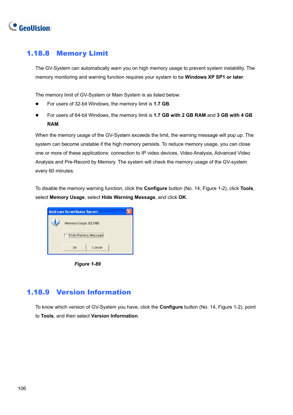 8 memory limit, 9 version information | CCTV Camera Pros Geovision 8.5 Multicam Digital Surveillance System User Manual | Page 124 / 664