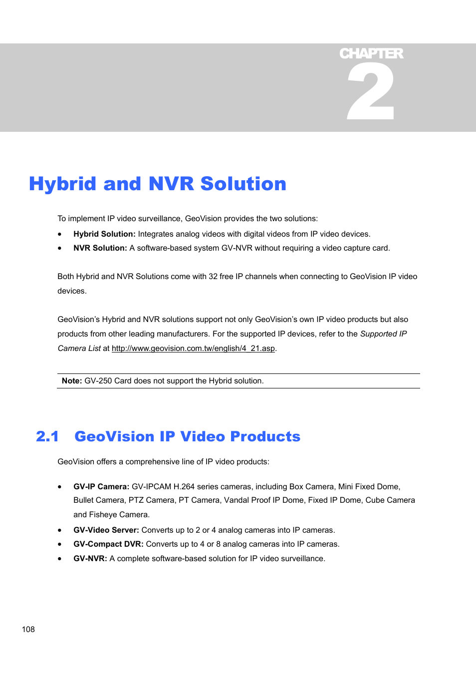 Hybrid and nvr solution, 1 geovision ip video products, 1 geovision | Ip video products, Chapter | CCTV Camera Pros Geovision 8.5 Multicam Digital Surveillance System User Manual | Page 126 / 664