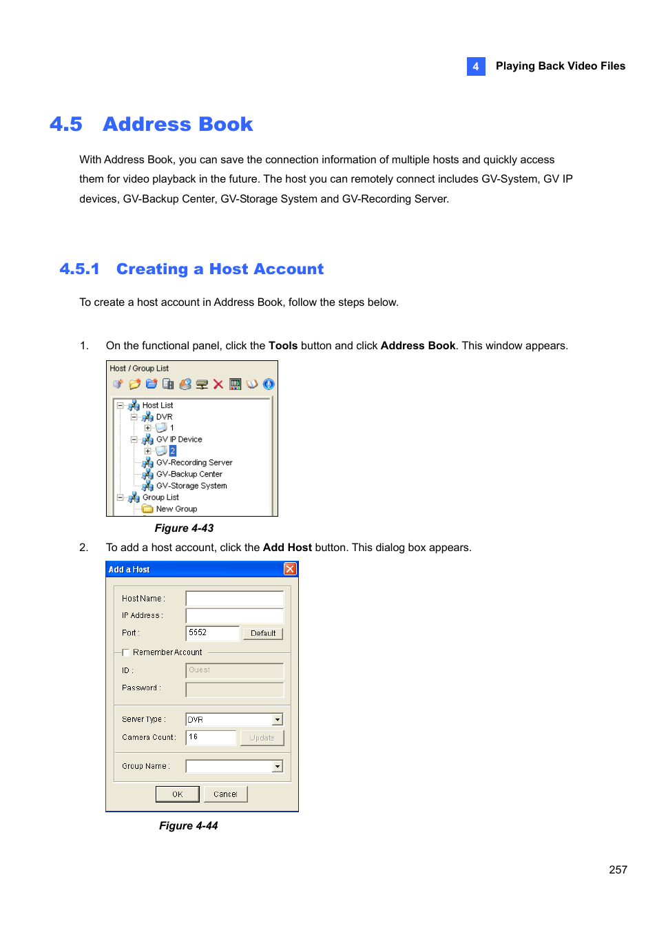 5 address book, 1 creating, Host account | 1 creating a host account | CCTV Camera Pros Geovision 8.5 Multicam Digital Surveillance System User Manual | Page 275 / 664