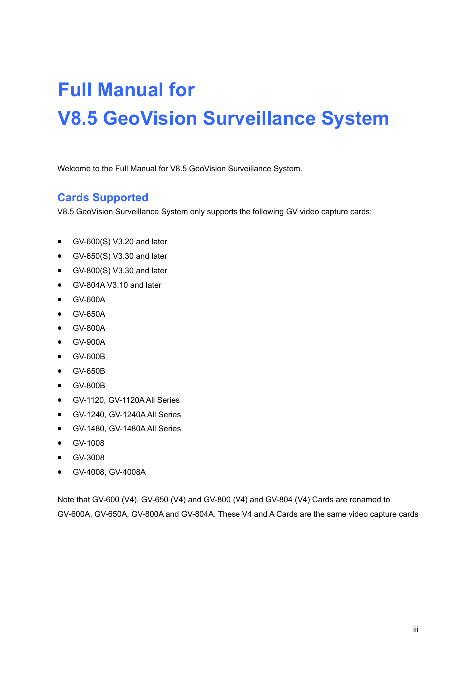 Cards supported, Full manual for v8.5 geovision surveillance system | CCTV Camera Pros Geovision 8.5 Multicam Digital Surveillance System User Manual | Page 3 / 664