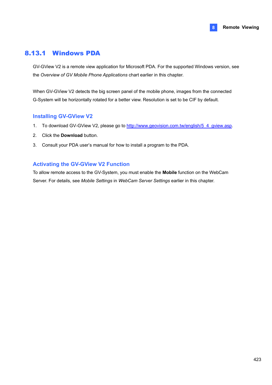 1 windows pda | CCTV Camera Pros Geovision 8.5 Multicam Digital Surveillance System User Manual | Page 441 / 664