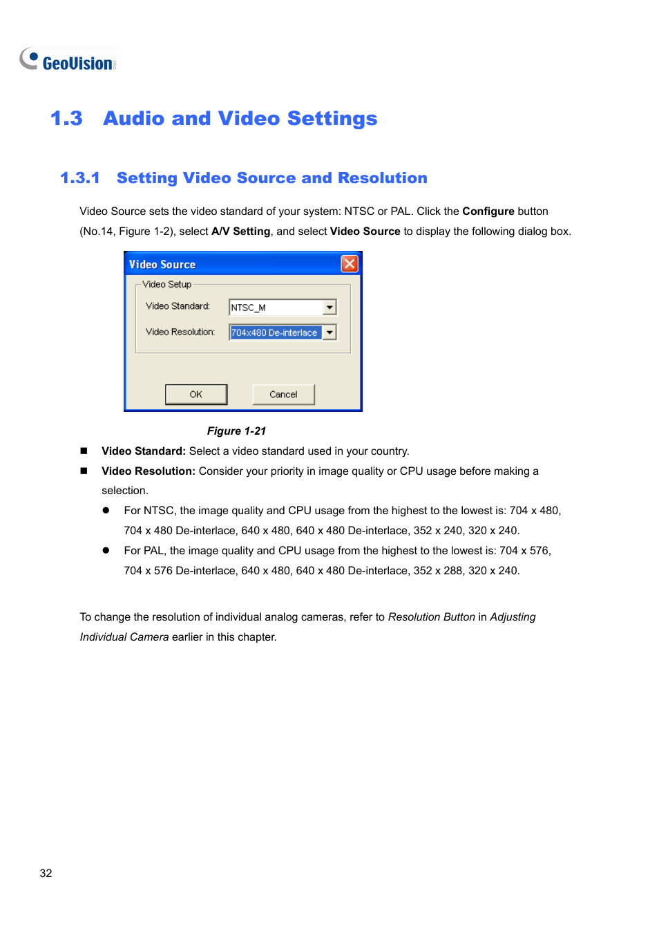 3 audio and video settings, 1 setting video source and resolution, 3 audio | Video settings | CCTV Camera Pros Geovision 8.5 Multicam Digital Surveillance System User Manual | Page 50 / 664