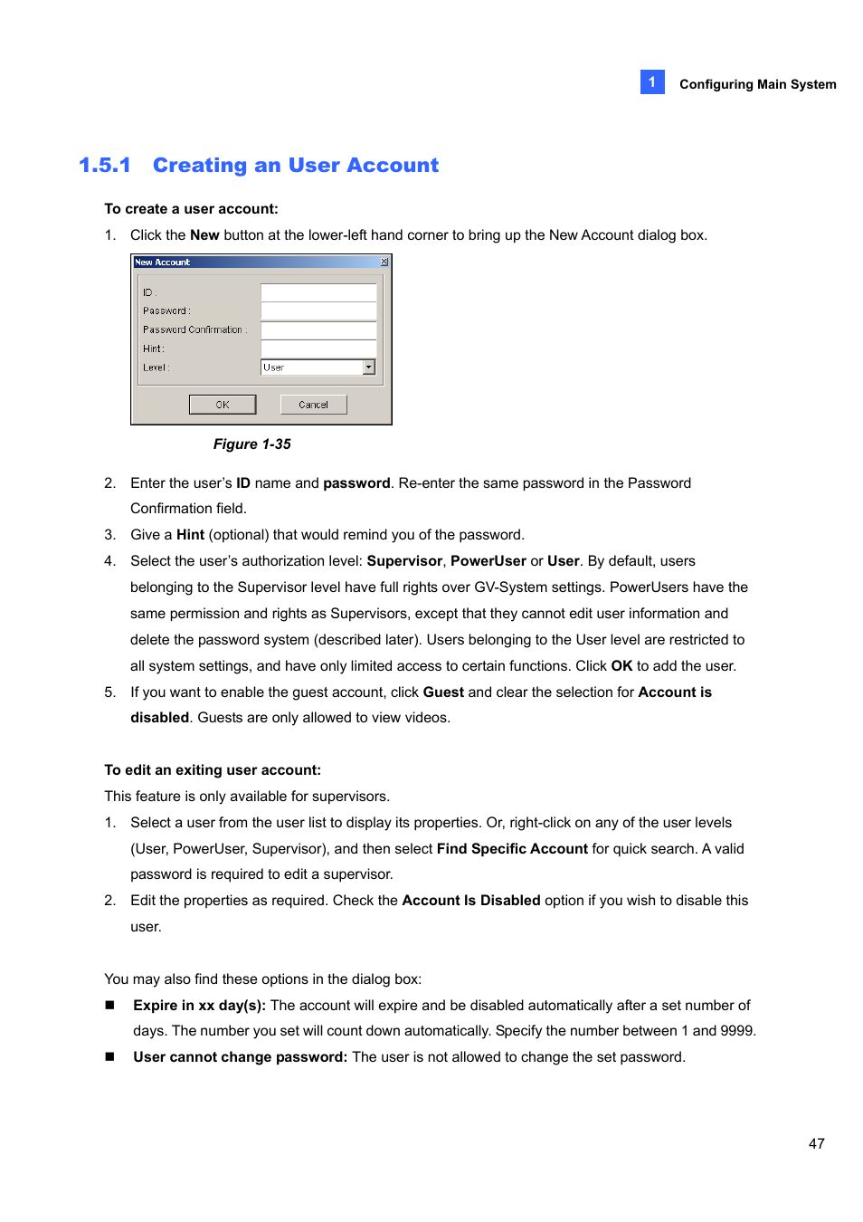 1 creating an user account, 1 creating, User account | CCTV Camera Pros Geovision 8.5 Multicam Digital Surveillance System User Manual | Page 65 / 664