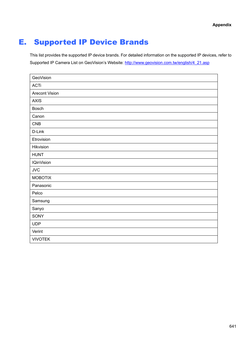 E. supported ip device brands, E. supported, Device brands | CCTV Camera Pros Geovision 8.5 Multicam Digital Surveillance System User Manual | Page 659 / 664
