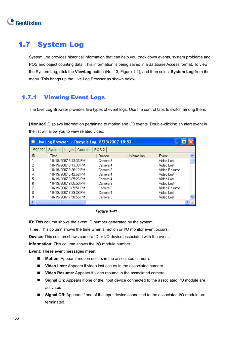 7 system log, 1 viewing event logs, 7 system | Viewing event logs | CCTV Camera Pros Geovision 8.5 Multicam Digital Surveillance System User Manual | Page 74 / 664
