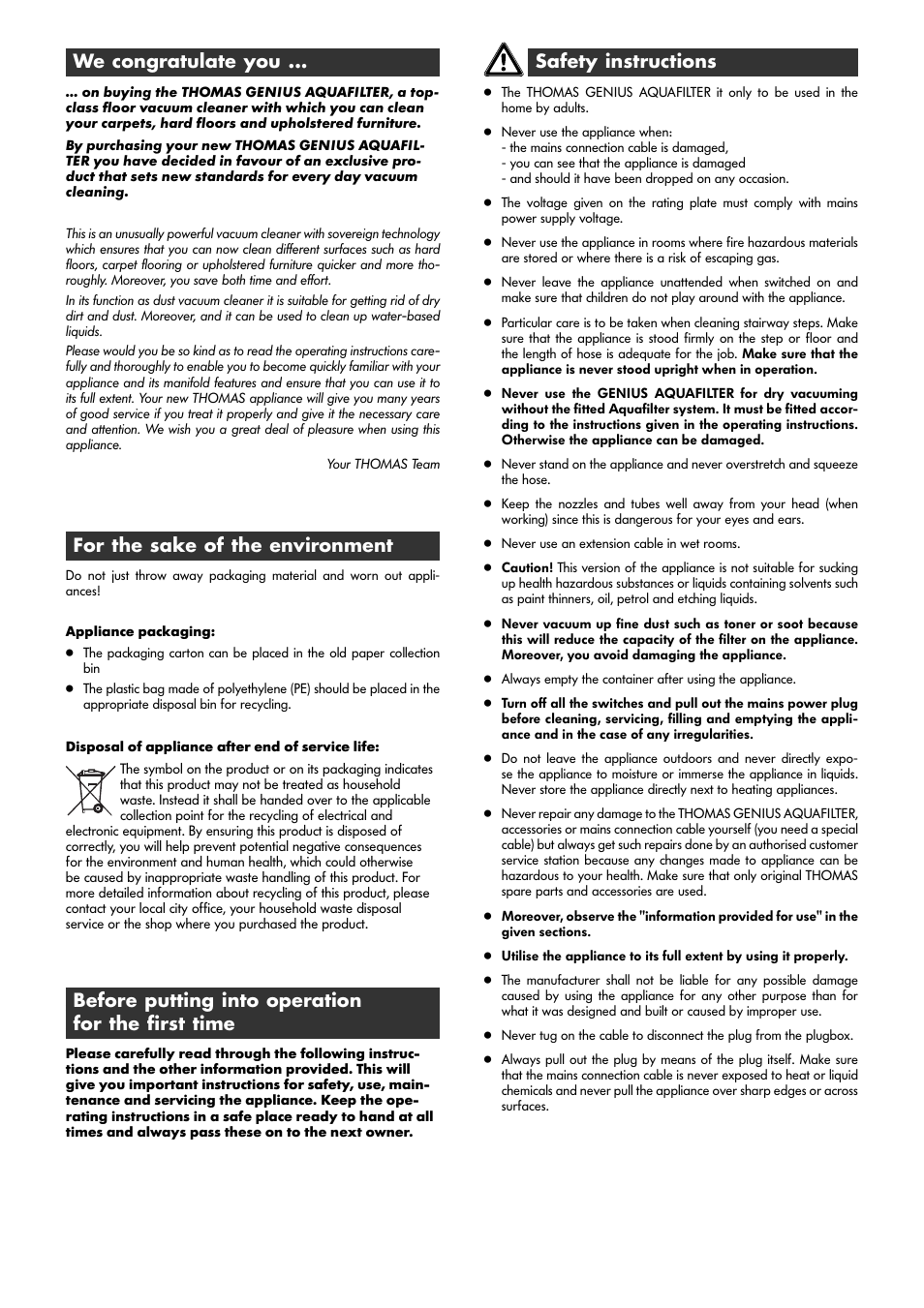 We congratulate you, For the sake of the environment, Before putting into operation for the first time | Safety instructions | Thomas Genius Aquafilter User Manual | Page 14 / 48