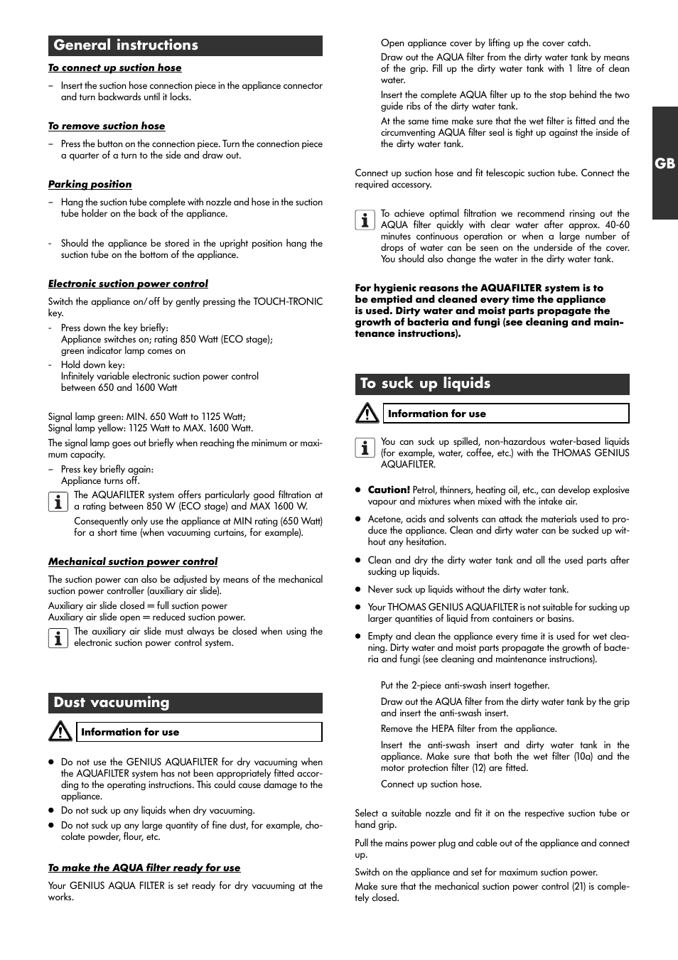 General instructions, Dust vacuuming | Thomas Genius Aquafilter User Manual | Page 15 / 48