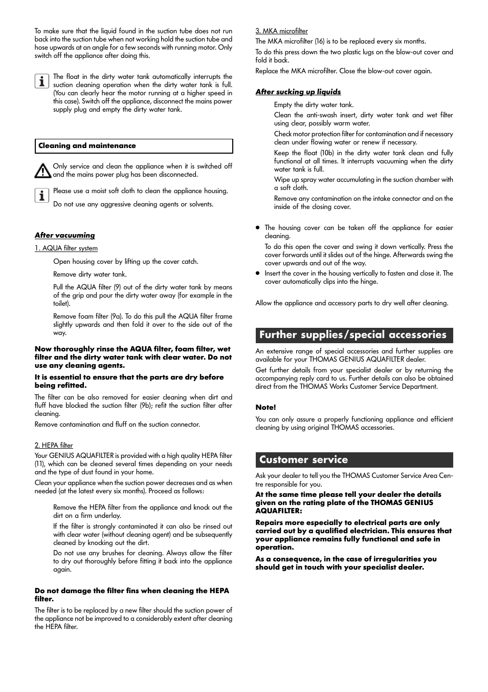 Further supplies/special accessories, Customer service | Thomas Genius Aquafilter User Manual | Page 16 / 48