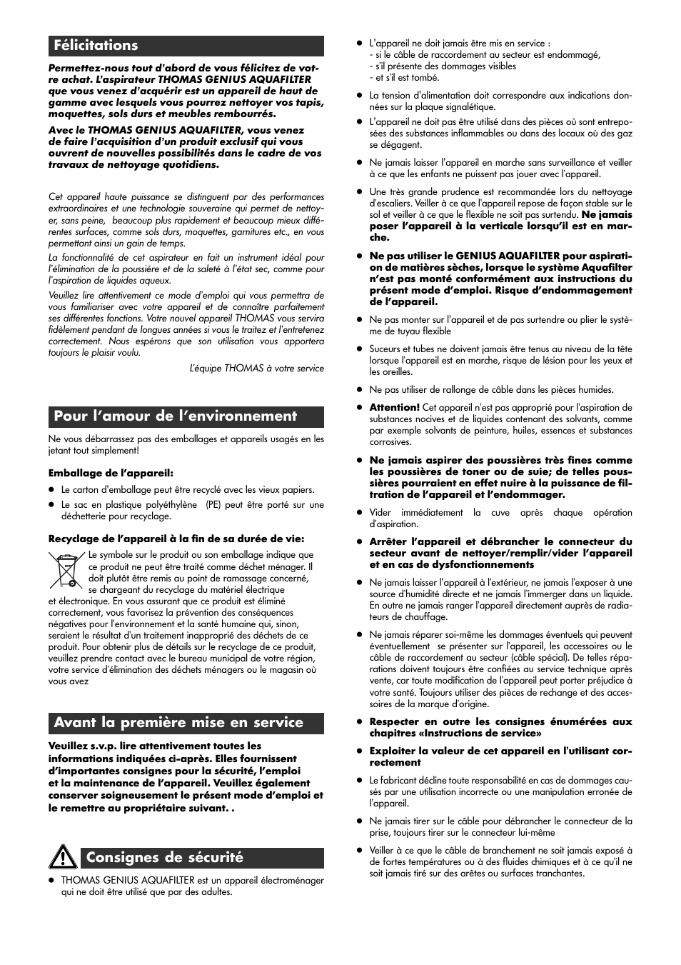 Félicitations, Pour l’amour de l’environnement, Avant la première mise en service | Consignes de sécurité | Thomas Genius Aquafilter User Manual | Page 20 / 48