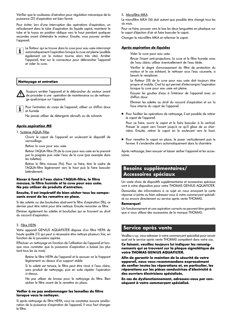 Besoins supplémentaires/ accessoires spéciaux, Service après vente | Thomas Genius Aquafilter User Manual | Page 22 / 48