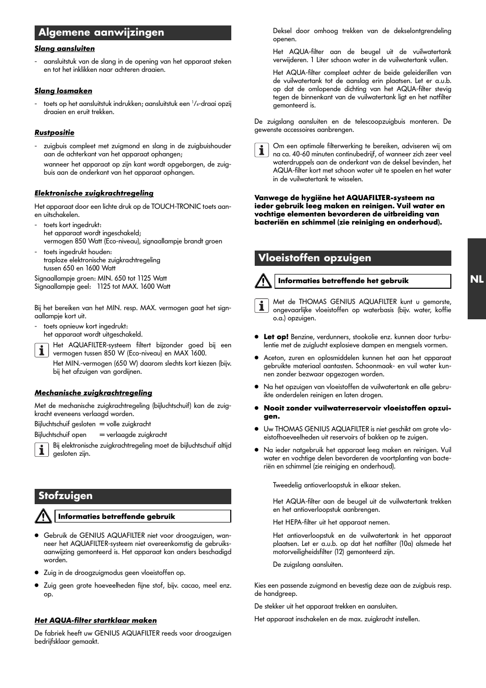 Algemene aanwijzingen, Stofzuigen, Vloeistoffen opzuigen | Thomas Genius Aquafilter User Manual | Page 27 / 48