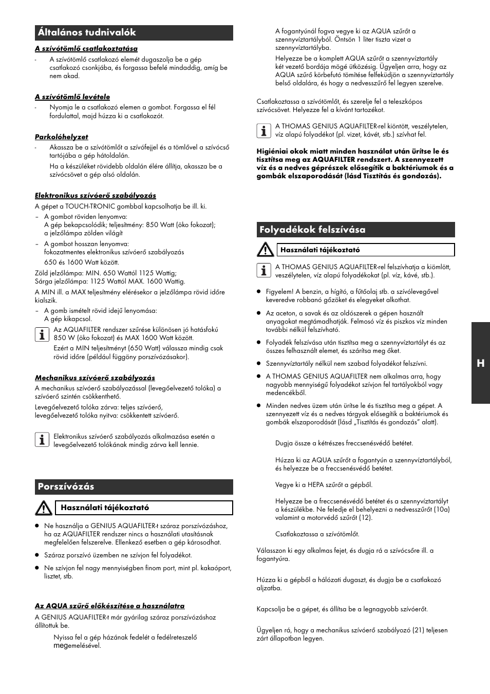 Általános tudnivalók, Porszívózás, Folyadékok felszívása | Thomas Genius Aquafilter User Manual | Page 33 / 48