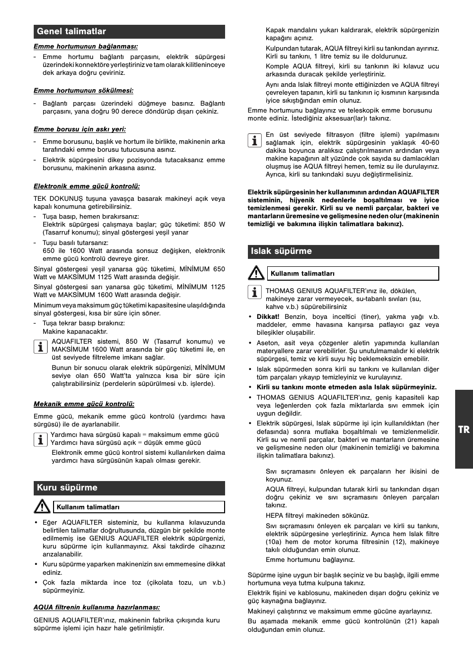 Genel talimatlar, Kuru süpürme, Islak süpürme | Thomas Genius Aquafilter User Manual | Page 39 / 48