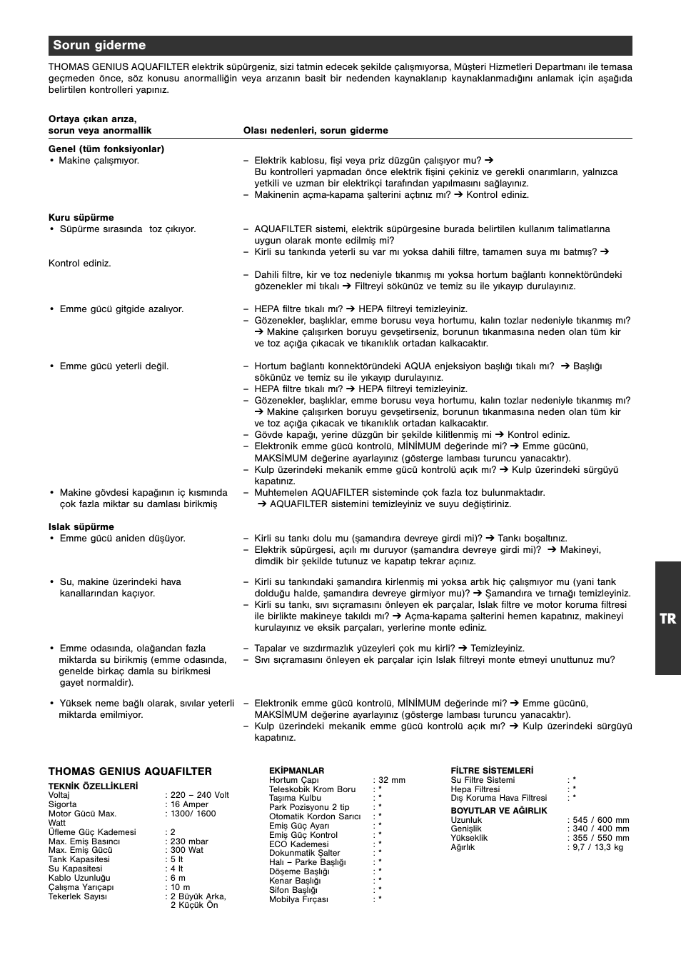 Sorun giderme | Thomas Genius Aquafilter User Manual | Page 41 / 48