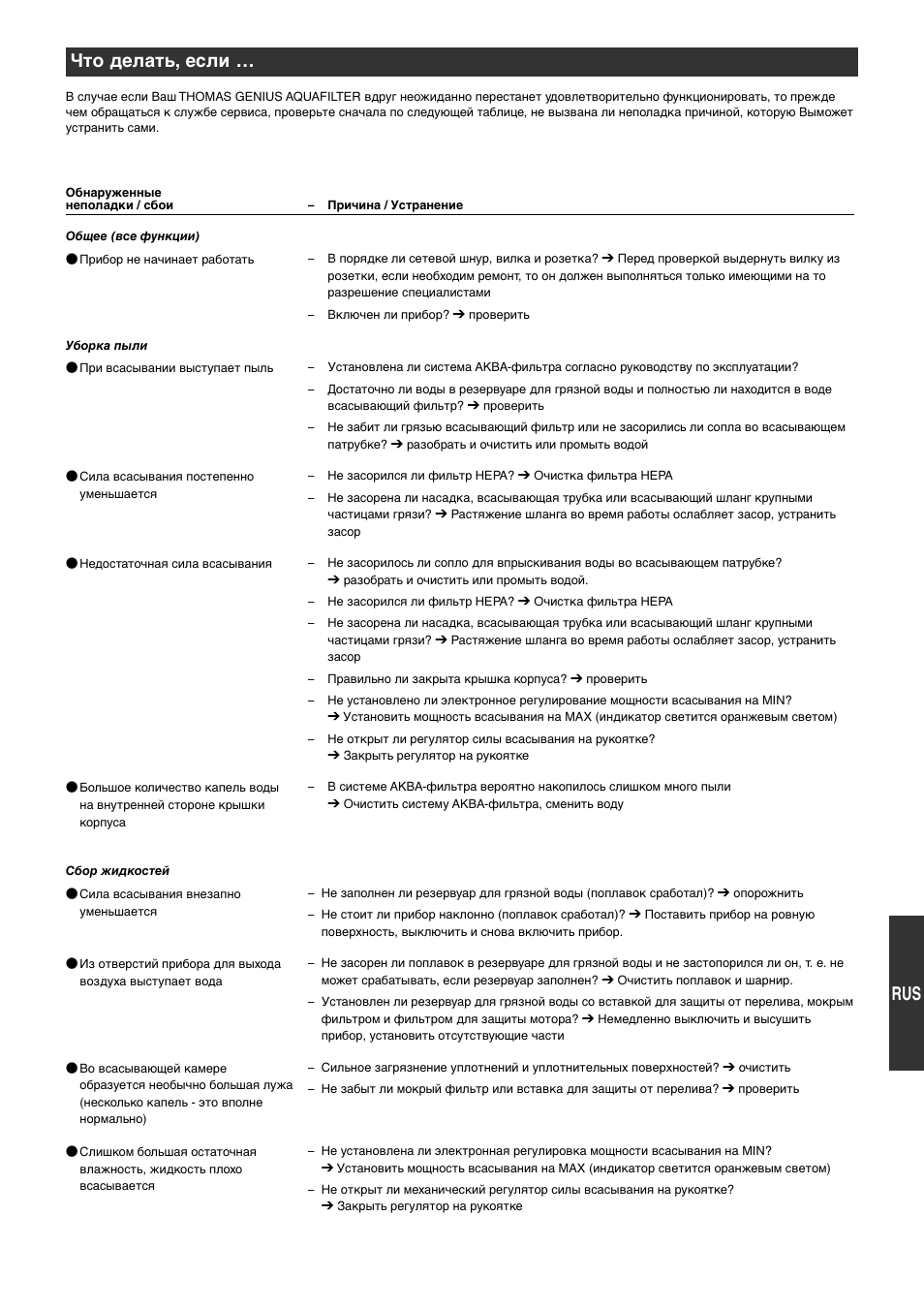 Что делать, если | Thomas Genius Aquafilter User Manual | Page 47 / 48