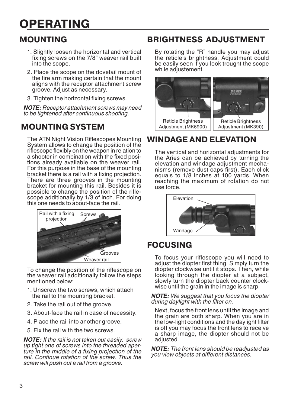 Operating, Mounting, Mounting system | Brightness adjustment, Windage and elevation, Focusing | ATN Aries 390 User Manual | Page 4 / 8