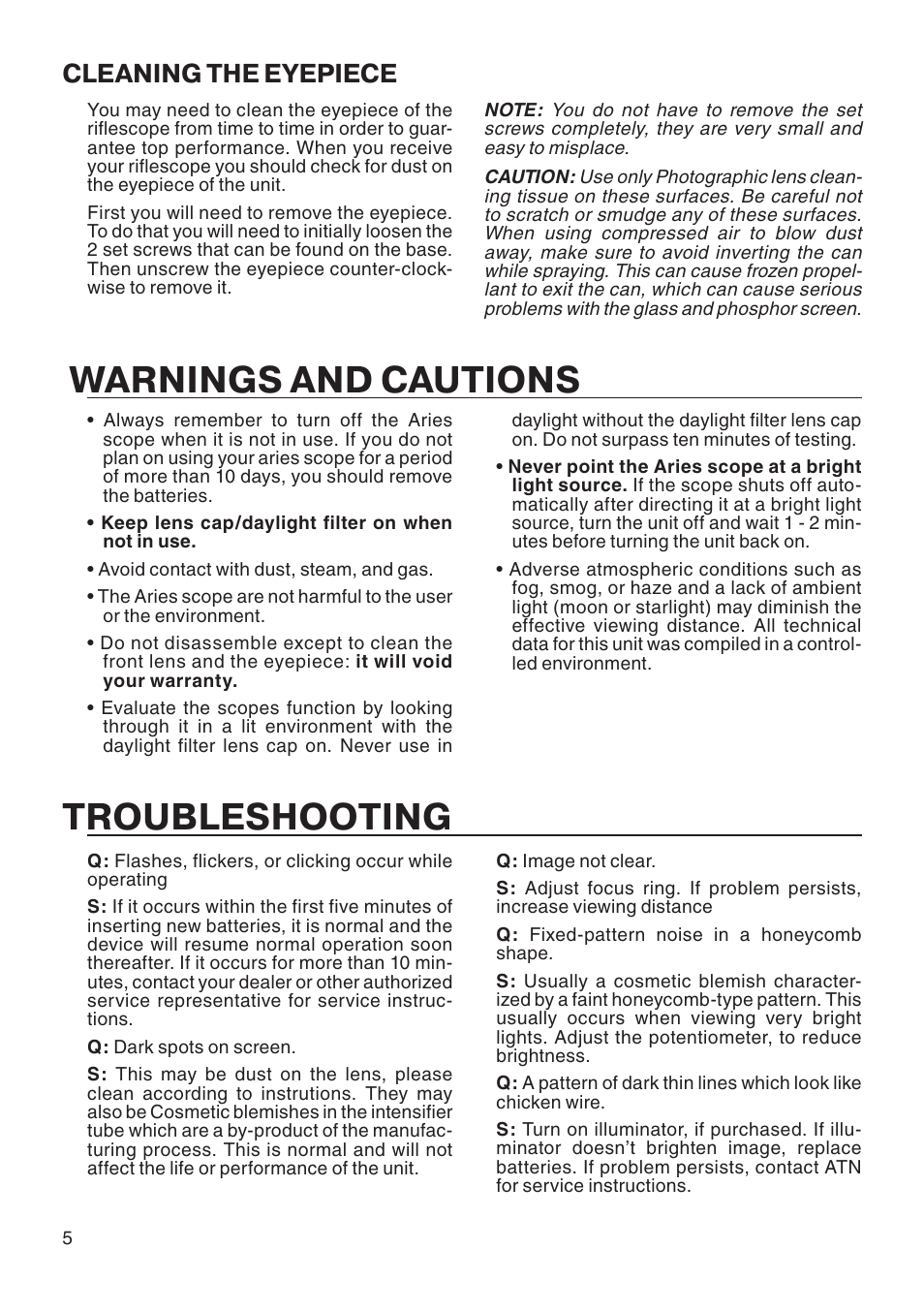 Warnings and cautions, Troubleshooting, Cleaning the eyepiece | ATN Aries 390 User Manual | Page 6 / 8