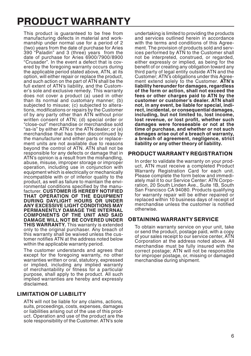 Product warranty | ATN Aries 390 User Manual | Page 7 / 8