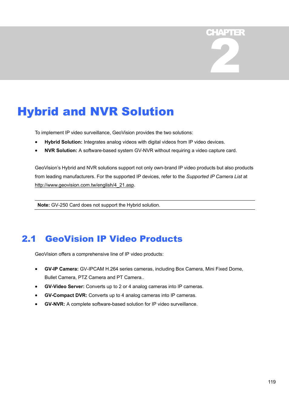 Hybrid and nvr solution, 1 geovision ip video products, Chapter | CCTV Camera Pros Geovision 8.4 Multicam Digital Surveillance System User Manual | Page 135 / 648