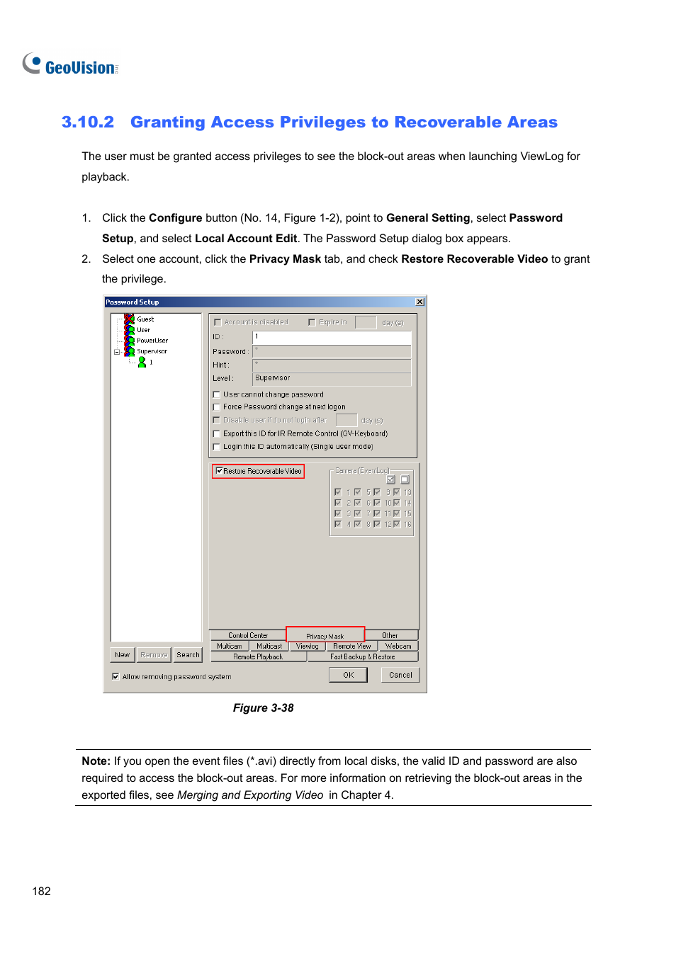 2 granting access privileges to recoverable areas, 2 granting, Access privileges to recoverable areas | CCTV Camera Pros Geovision 8.4 Multicam Digital Surveillance System User Manual | Page 198 / 648