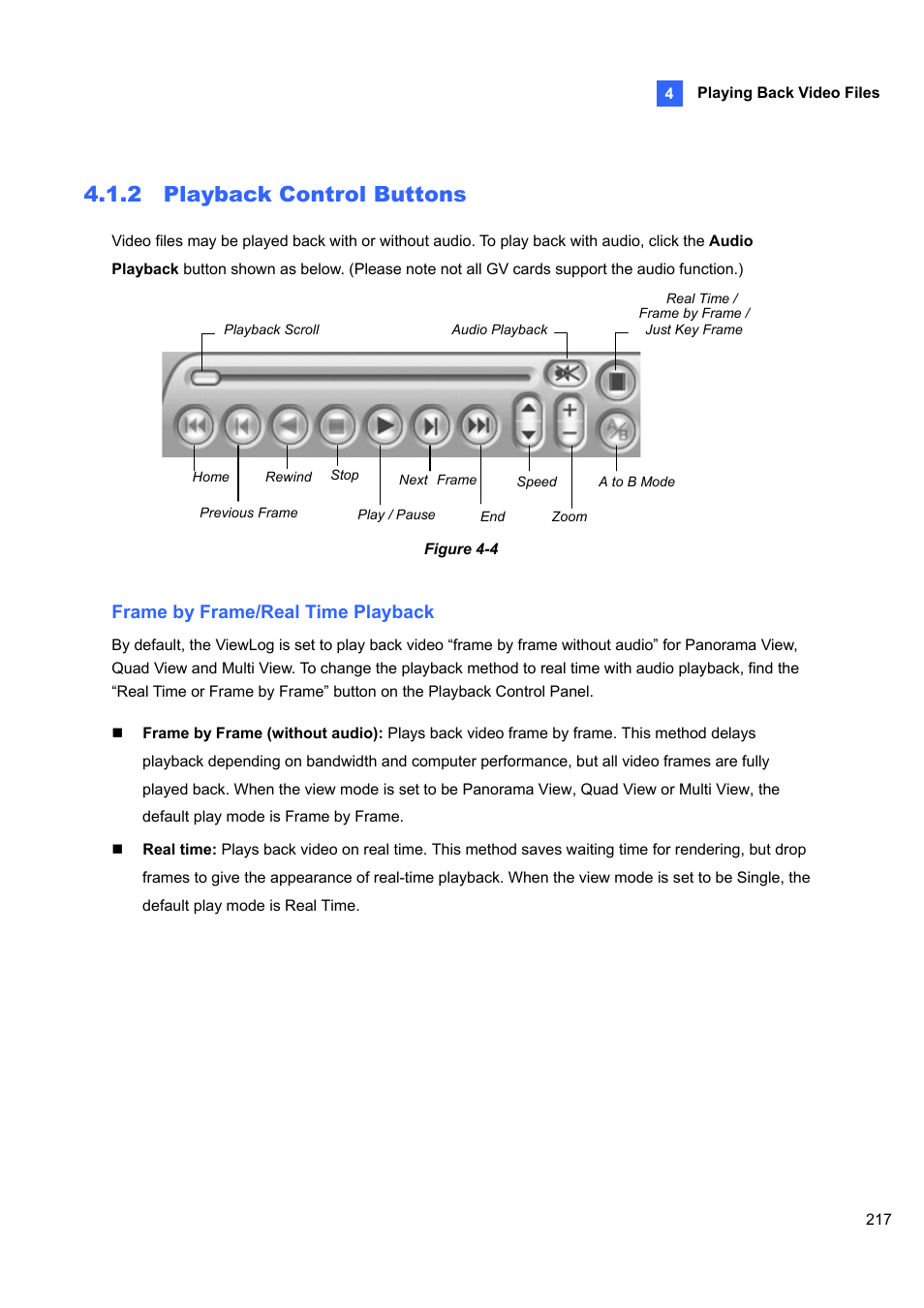 2 playback control buttons, Frame by frame/real time playback | CCTV Camera Pros Geovision 8.4 Multicam Digital Surveillance System User Manual | Page 233 / 648