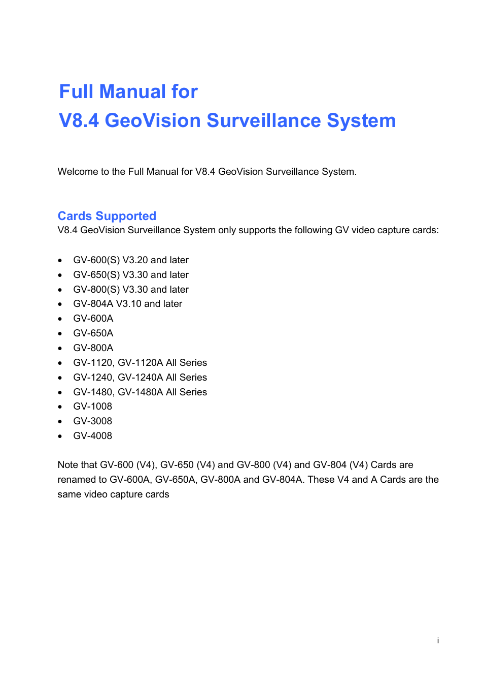 Cards supported, Full manual for v8.4 geovision surveillance system | CCTV Camera Pros Geovision 8.4 Multicam Digital Surveillance System User Manual | Page 3 / 648