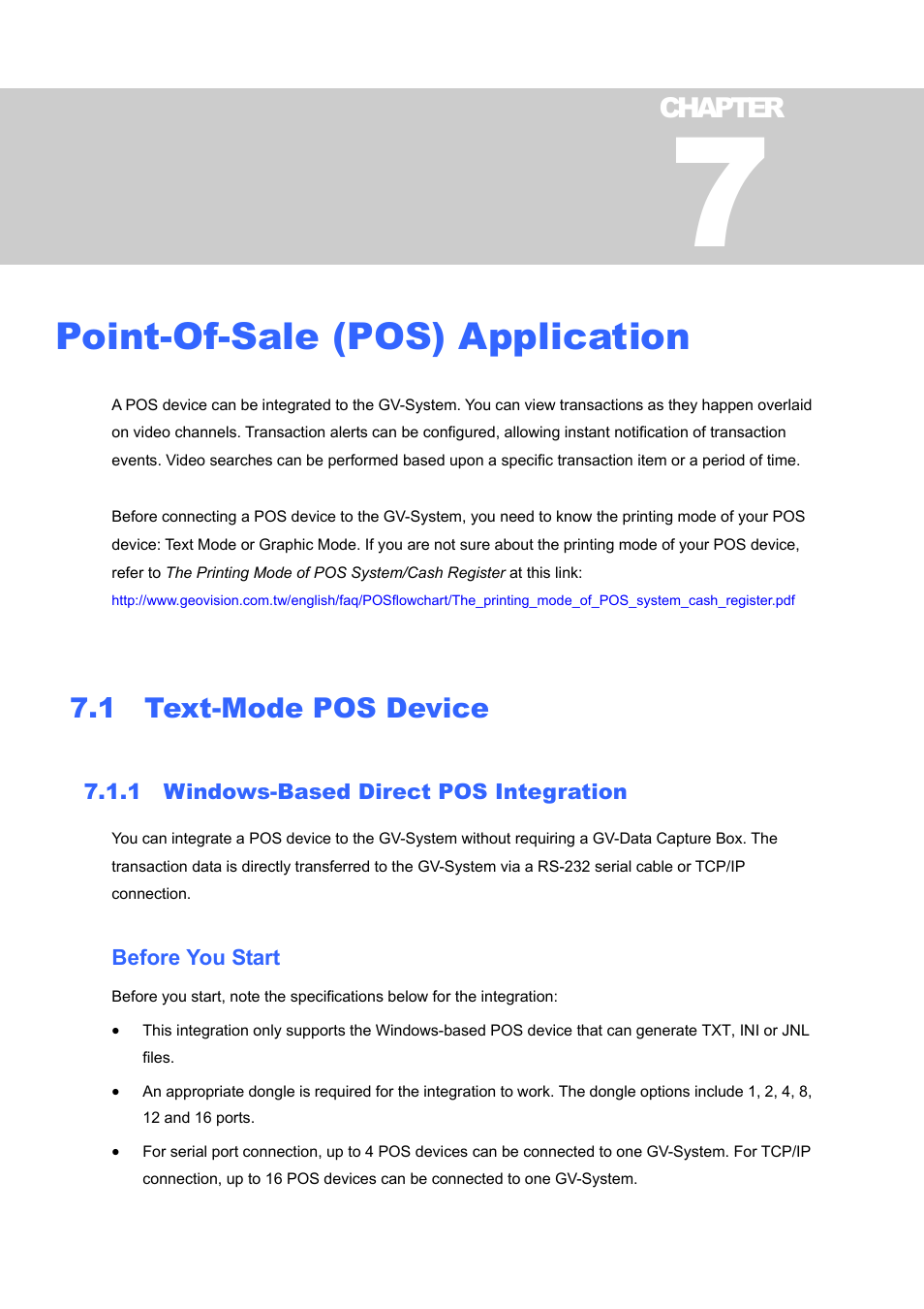 Point-of-sale (pos) application, 1 text-mode pos device, 1 windows-based direct pos integration | Chapter | CCTV Camera Pros Geovision 8.4 Multicam Digital Surveillance System User Manual | Page 343 / 648