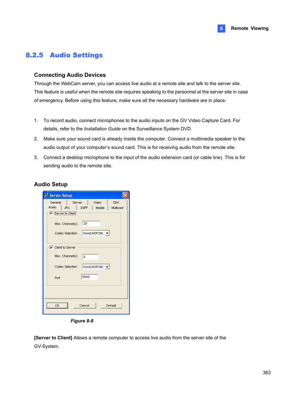 5 audio settings, 5 audio, Settings | CCTV Camera Pros Geovision 8.4 Multicam Digital Surveillance System User Manual | Page 379 / 648