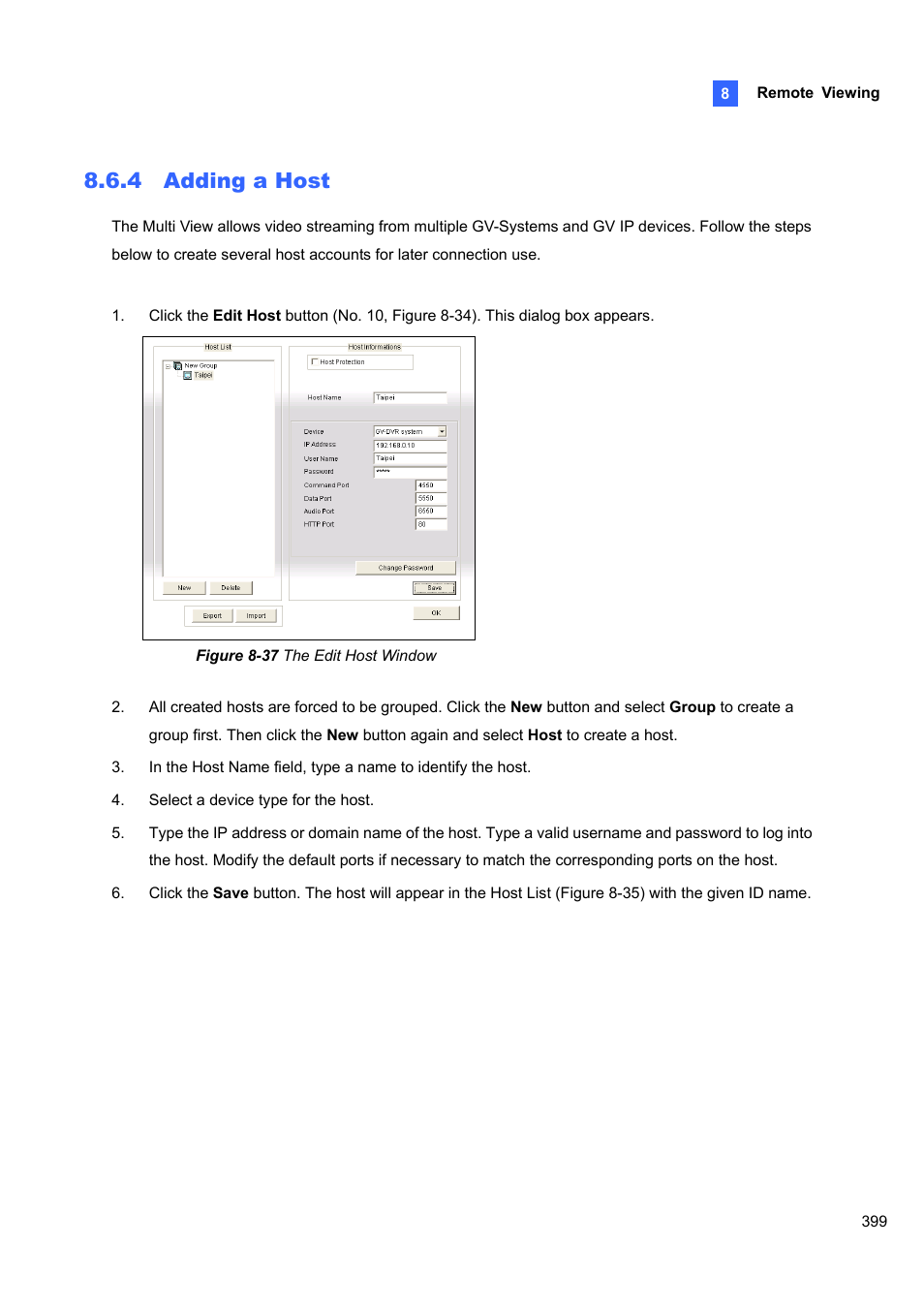 4 adding a host, Adding a host | CCTV Camera Pros Geovision 8.4 Multicam Digital Surveillance System User Manual | Page 415 / 648