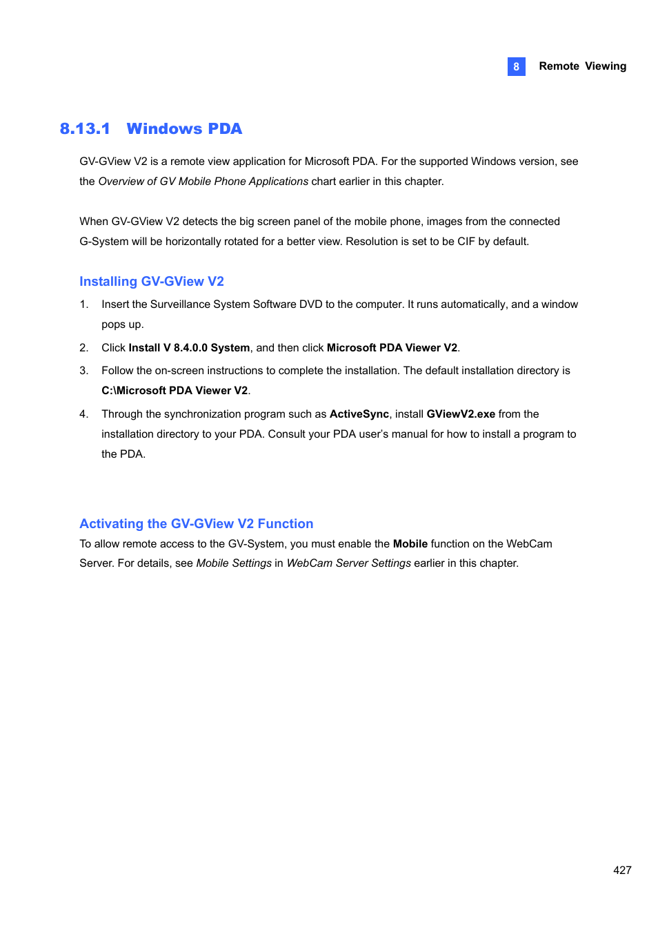 1 windows pda | CCTV Camera Pros Geovision 8.4 Multicam Digital Surveillance System User Manual | Page 443 / 648