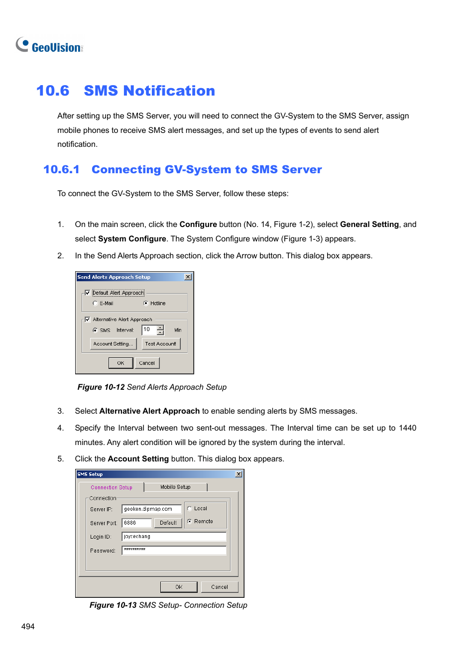 6 sms notification, 1 connecting gv-system to sms server | CCTV Camera Pros Geovision 8.4 Multicam Digital Surveillance System User Manual | Page 510 / 648