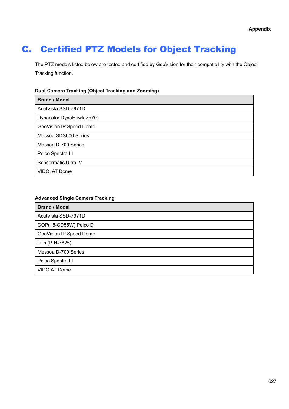 C. certified ptz models for object tracking | CCTV Camera Pros Geovision 8.4 Multicam Digital Surveillance System User Manual | Page 643 / 648
